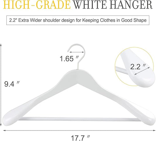 TOPIA HANGER White Wooden Coat Hanger 6 Pack, Wood Suit Hangers,Glossy Finish with Extra-Wide Shoulder, Thicker White Hooks & Anti-Slip Bar,Suitable for Coat, Suit,Dress,Jacket,Heavy Cloth - CT02W