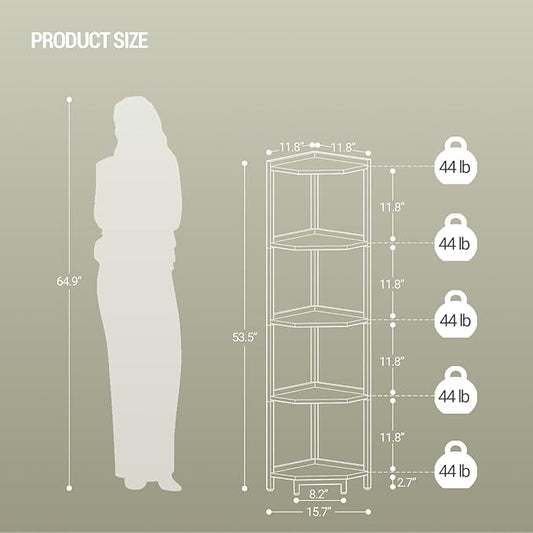 Corner Shelf Stand, Corner Bookshelf, Storage Standing Shelf Unit with Metal Frame, Plant Stand, Bookcase for Living Room, Home Office, Bedroom, 5-Tier White CS05913W