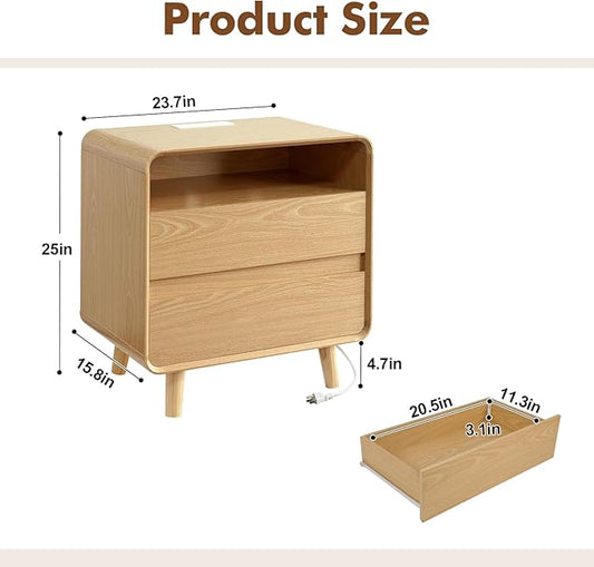 Nasonet Night Stand with Charger Station, Mid Century Modern Nightstands Set of 2, Wood Bedside Table for Bedroom, Curved Beveled Design, Oak