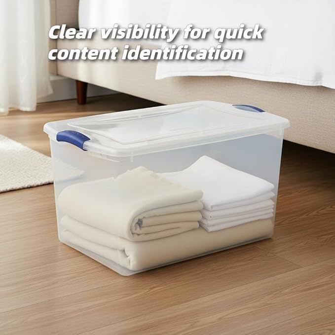2-Pack 66 Quart Clear Plastic Storage Bins with Latching Lids, Blue Stackable Organizing Totes for Garage, Closet, and Home Organization