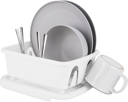 Camco RV Mini Dish Drainer & Tray - Features a Sloped Drain Tray Design, Heavy-Duty Construction - Ideal for Small Spaces, Apartments, Boats, and More -9.5" L x 11.7" W x 4.75" H - White (43511)
