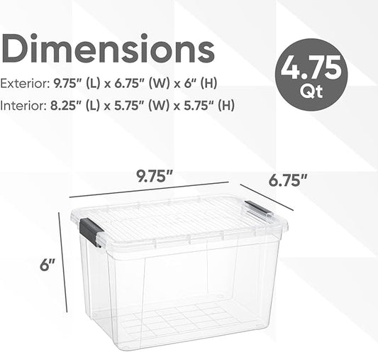 Superio Storage Bins with Lids- 8 Pack, 4.75 Qt Clear Boxes for Organizing, Stackable Plastic Containers- BPA Free, Non-Toxic, Odor Free, Organizer for Home, Office, Dorm