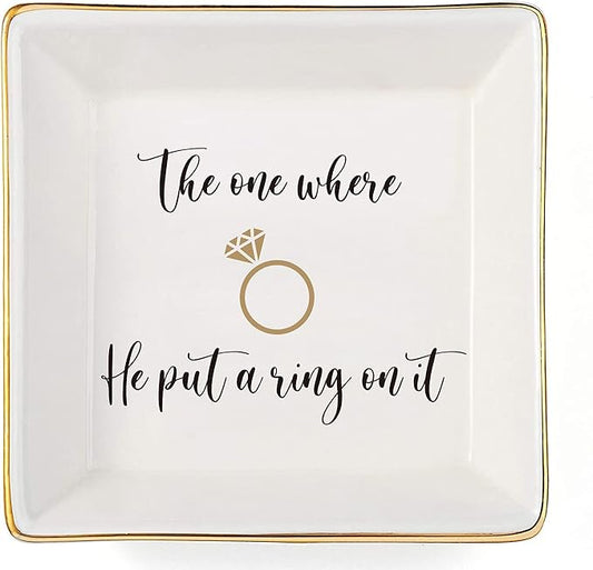 JOYIMARR Engagement Gifts for Women Ring Dish Tray - Bride to Be Newly Engaged Gifts-The One Where He Put A Ring On It - Funny Wedding Gift