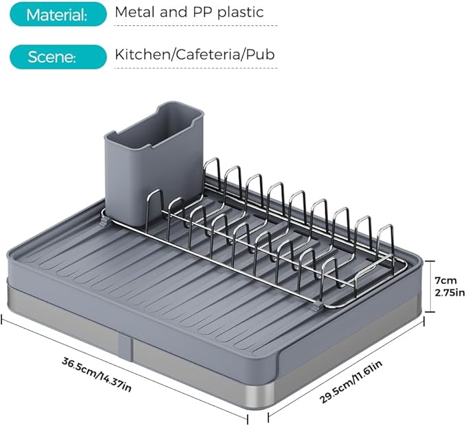 YOJIA Stainless Steel Dish Drying Rack, Extendable Dish Drainer Rack, Drainboard, Detachable Cup Shelf, Rustproof Multifunctional Organizer for Kitchen Counter, Cup Holders, Utensil Holder (14-Grey)