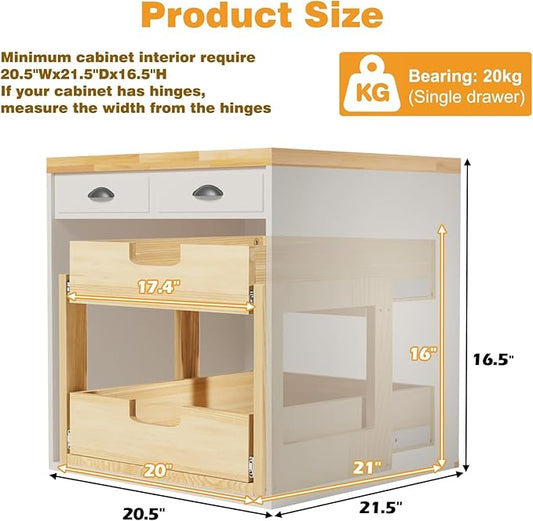 Pull Out Cabinet Organizer, 20''W×21''D Sliding Drawers for Cabinets, 2 Tier Soft Close Slide Out Wooden Pull out Drawers, Base Cabinet Organization for Kitchen, Pantry