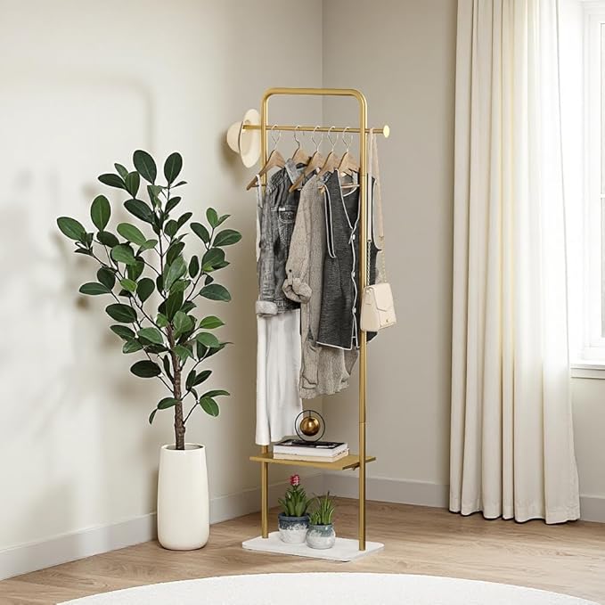 Gold Clothing Rack, Freestanding Coat Rack with Metal Shelves and Natural Marble Base, Small Clothes Stand Organizer for Bedroom, Entryway, Apartment (Gold, 19.7")