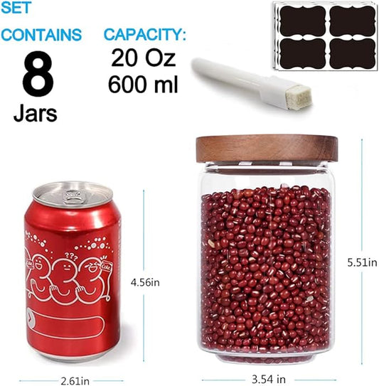 SAIOOL Stackable Kitchen Canisters Set of 8,High Borosilicate Glass Cylinder Airtight Food Storage, sort out the tea, flour, candies, grain easily and clearly