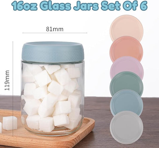 BCnmviku 16oz Glass jars with Airtight Lids, Overnight Oats Containers with Lids, Wide mouth Mason Salad jars, Glass Food Storage Containers for Snacks Yogurt Spice Sugar (6pack-Multicolor-16oz)