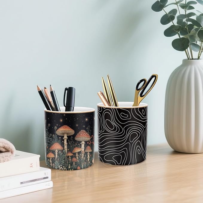 WAVEYU Pen Holder, Pencil Cup for Desk, Cute Makeup Brush Holder, Durable Ceramic Organizer Decor for Room, Office, Classroom, Abstract Pattern