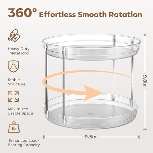 2-Pack 2-Tier Clear Lazy Susan Turntable Organizer, 9.5" Rotating Spice Rack for Kitchen Cabinet, Countertop Tray for Bathroom & Vanity to Organize Makeup, Perfume and Jewelry