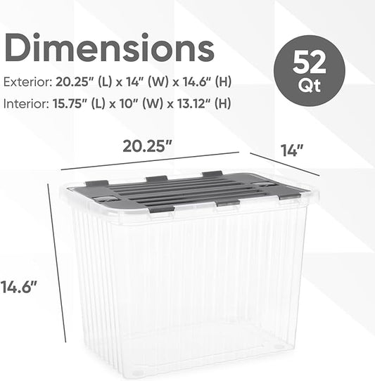 Superio Storage Bins with Lids- Clear Boxes for Organizing, Stackable Plastic Containers- BPA Free, Non-Toxic, Odor Free, Organizer for Home, Office, Dorm, 53 Quart (6 Pack, 20.25"x14"x14.6")