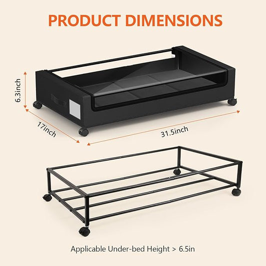 Under Bed Storage Containers with Wheels - Foldable Organizer Bins for Blankets, Clothes, Shoes, Toys, and Comforters.Capacity, Space Saving, Easy Pull Out, Clear PVC (black-2)