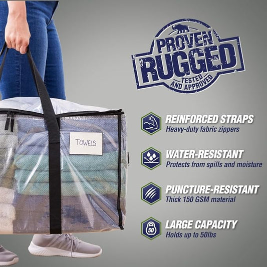 RUGGED RHINO 8 Pack Heavy Duty Extra Large Moving Bags, Durable Bag with Strong Handles and Zipper, Moving Boxes Alternative for College Packing, Holiday Décor, Space Saving Storage with Label, Clear