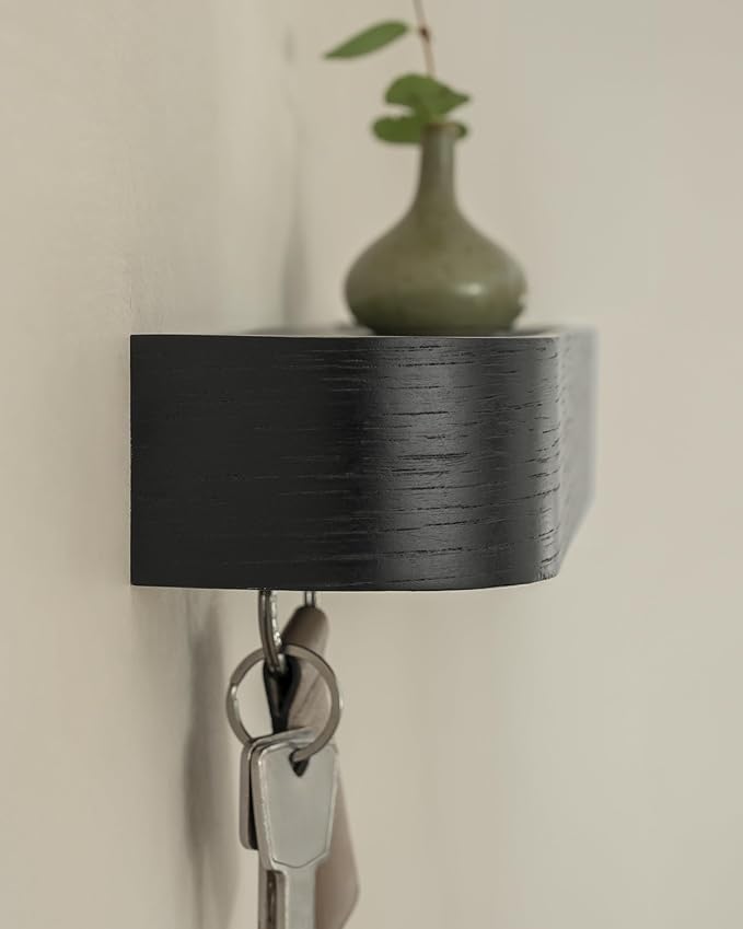 Kazai.ยฎ Key Holder 'Toke' | Minimalist Key Hook Design from Berlin | Modern Key Holder Wall Mount with Wooden Shelf | Key Rack for Wall as Entryway Organizer | Oak, Black