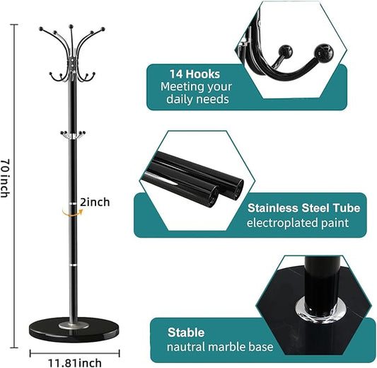 Coat Rack with Natural Marble Base, Metal Freestanding Coat Racks with 14 Hooks, 360°Rotary Coat Rack Stand for Hanging Scarf, Bag, Jacket, Black Coat Tree Hanger Holder Stand