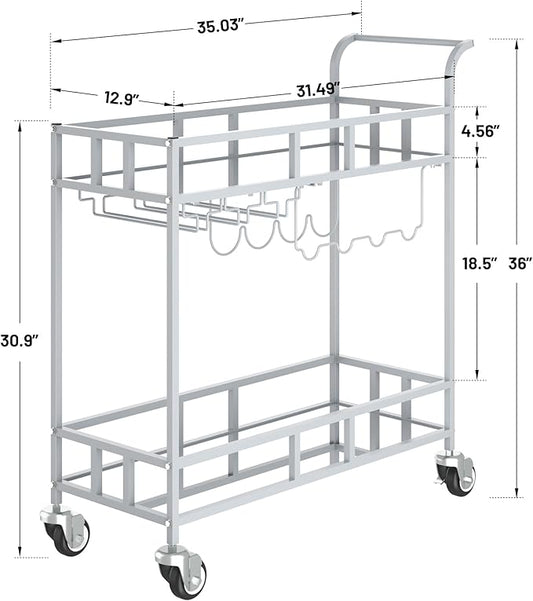 TrailBlaze Silver Mirrored 2-Tier Bar Cart with Wheels – Portable Beverage & Wine Serving Trolley, 4 Bottle Racks & 3 Glass Holders – Modern Metal Design for Home, Kitchen, Dining, Living Room