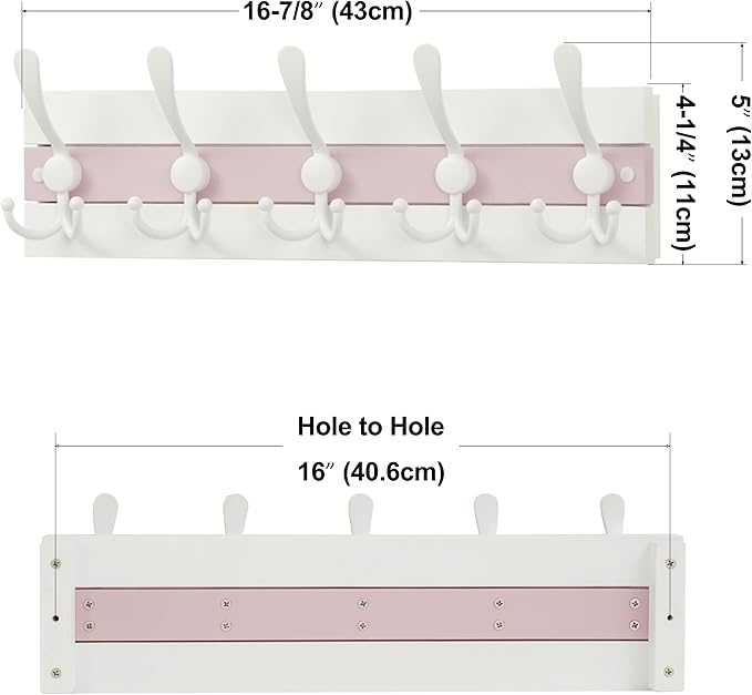 SKOLOO Coastal Wall Mounted Coat Rack-16.88" Beach House Entryway Wooden Coat Hook with 5 Hooks for Hanging Coats, Hats or Towels, Oceanfront Cottage Core Collection, White&Palm Beach Pink, Pack of 2