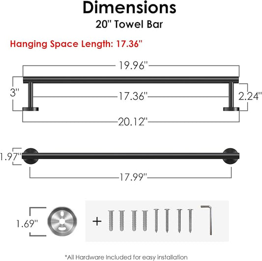 FORIOUS Towel Bar Wall Mounted, Stainless Steel Towel Racks for Bathroom 18 Inch, Includes Wall Mounting Hardware (Matte Black, Total Length 20 Inch)