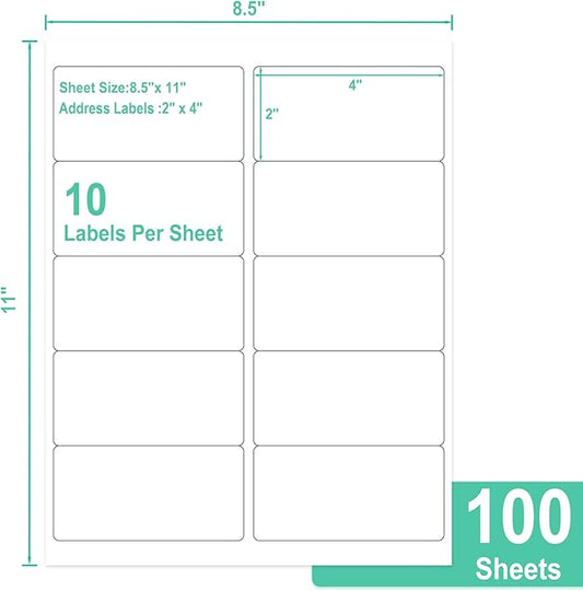L LIKED 2" x 4" Label Stickers, Printable White 10 per Sheets Total 1000 Labels for Laser/Inkjet Printing - Matte (1000 Labels) (Pack of 2)