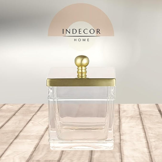 Indecor Home Clear Transparent Hotel Style Apothecary Tempered Glass Canister Jar W/ Gold Metal Lid Cover, Classic Countertop Organizer for Cotton balls/pads, Floss Picks, Makeup Storage