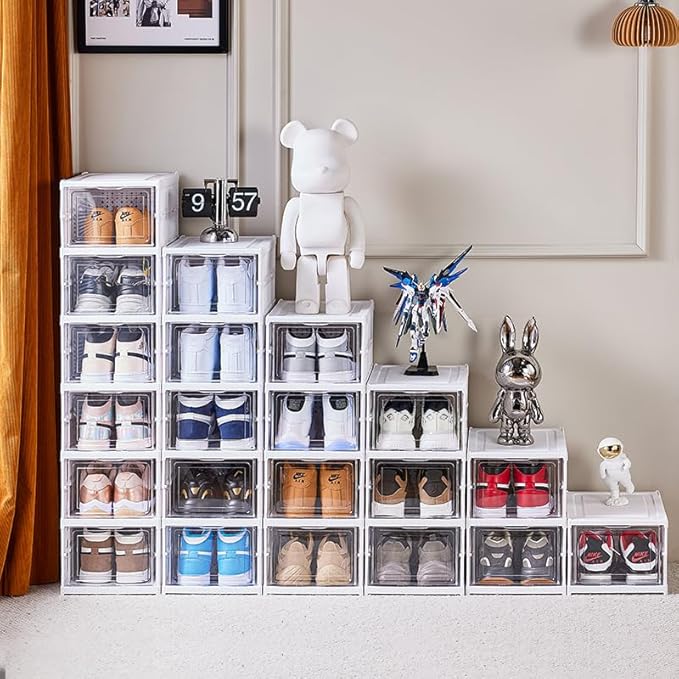 FUYUN Plastic Shoe Organizer - Stackable and Foldable 6-Tier Shoe Boxes for Closet, Clear and Space-Saving Sneaker Containers, No Assembly Required