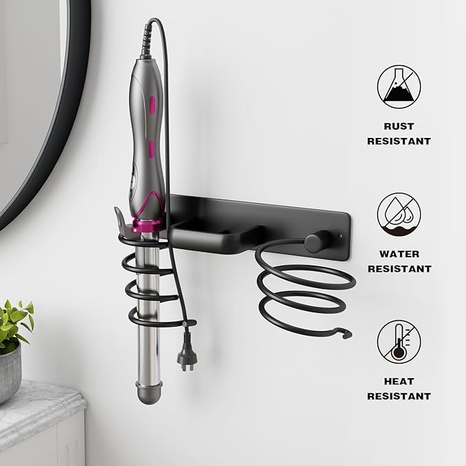 hicorfe Hair Dryer Holder 3 in 1 Hair Tool Organizer,Blow Dryer Holder Wall Mounted,Bathroom Bedroom Hair Care Styling for Flat Iron,Curling Iron,Hair Straightener (Black)