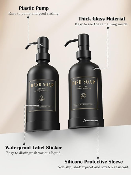 Luxspire Soap Dispenser Set, Hand Soap Dispensers with Fast Drying Tray, 17 oz Glass Refillable Liquid Bottle for Bathroom & Kitchen, Kitchen, 2 Pack, Black + Dark Gray