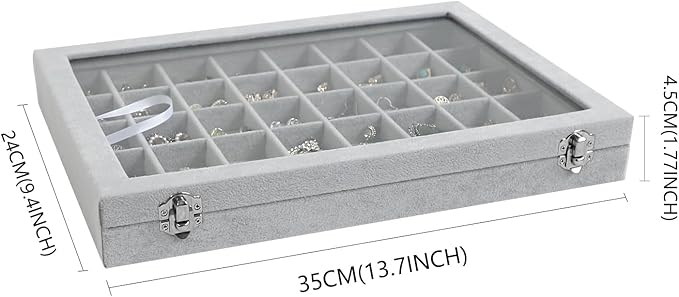Wudygirl Jewelry Organizer Velvet Jewelry Box 40 Grid Earring Holder Organizer with Lid Ring Holder Ring Display Case Adjustable (Gray)