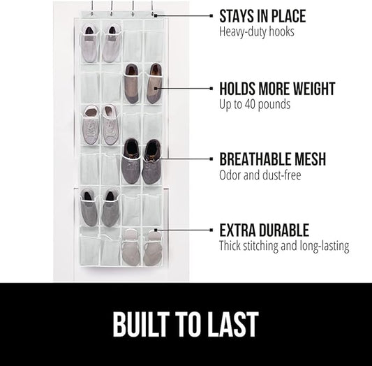 GORILLA GRIP Over the Door Shoe Organizer, 24 Large Breathable Mesh Pockets, Space Saving Hanging Storage Holder, Closet Rack Hanger Holds Up to 40 lbs, Hangs on Closets for Shoes, Accessories, White
