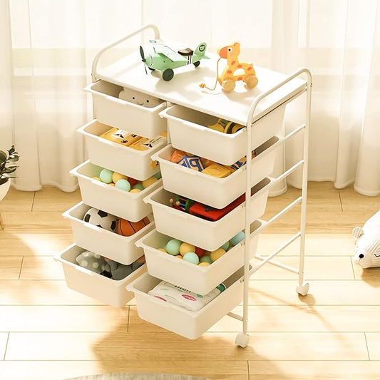 Rolling Cart with 10 Drawers, Plastic Drawer Cart with Metal Frame, Multipurpose Art Craft Cart Organizer with Wheels, Utility Cart with Drawers for Home, Office, School, White