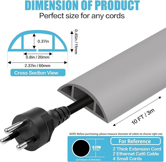 Floor Cord Cover Cavity 0.8"x0.37" Self Adhesive Cord Hider, 10FT Low Profile Cable Management, Extension Strip Protector for Wires, Prevent Cable Trips for Offices, Gyms, Exhibitions(Gray)