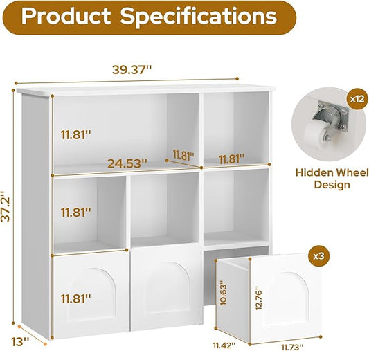 Toy Storage Organizer with 3 Movable Drawers,Montessori Bookshelf with 5 Open Cubbies,White Kids Bookshelf with Wall Mounting Hardware for Playroom,Den and Kids Room