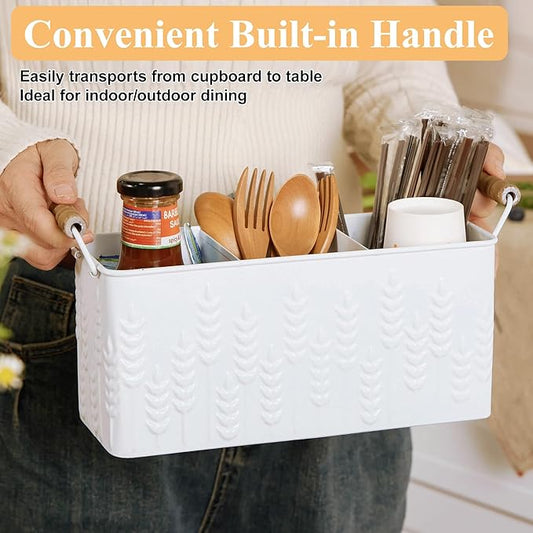 Silverware Caddy for Party Kitchen Flatware Holder for Countertop Metal White Ear of Wheat Pattern Embossed Cutlery Organizer with 3 Compartments for Utensils, Spoons, Knives, Forks