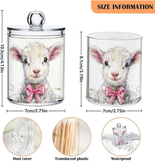 MNSRUU 2 Pack Qtip Holder Organizer Dispenser Cute Sheep Pink Bathroom Storage Canister Cotton Ball Holder Bathroom Containers for Cotton Swabs/Pads/Floss
