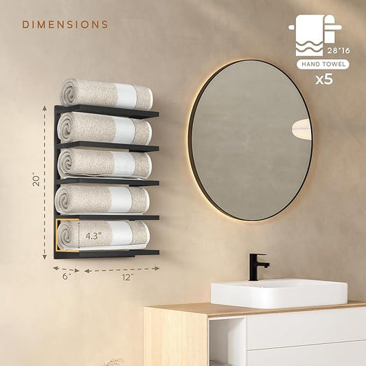 Modern 5-Tier/6-Tier Towel Rack - Wall-Mounted Black Metal Towel Shelf for Bathroom, Space-Saving Storage for Towels, Organizers, and Home Decor (5-Tier)
