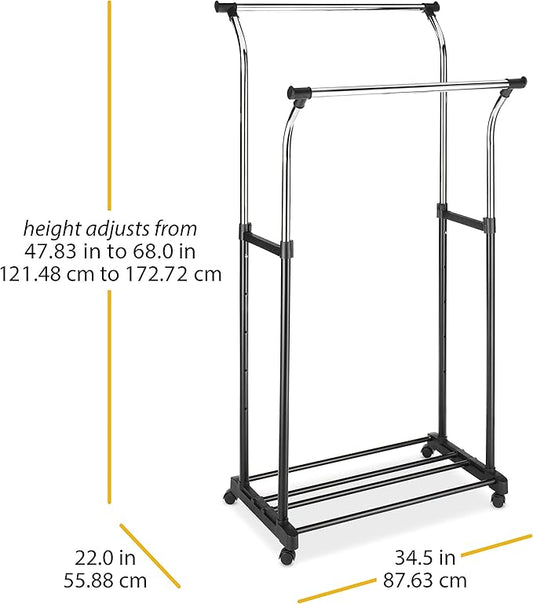 Whitmor Double Rods Clothes Rack, Rolling Clothing Rack for Hanging Clothes, Portable Wardrobe Rack, Adjustable Garment Rack with Wheels, Black & Silver