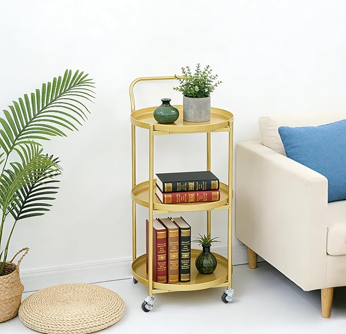 Round 3-Tier Rolling Bar Cart with Locking Wheels, Metal Serving Cart with Handle, 18" x 16" Mobile Organizer for Dining Room, Living Room, Bar (Gold)