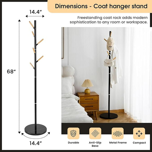 A&M Coat Rack Freestanding with 6 Wooden Hooks & Marble Base - 18 lbs Metal Coat Tree Stand for Hanging Clothes, Hats, Bags, & Jackets - Heavy Duty Purse Rack Stand for Entryway, Bedroom & Office