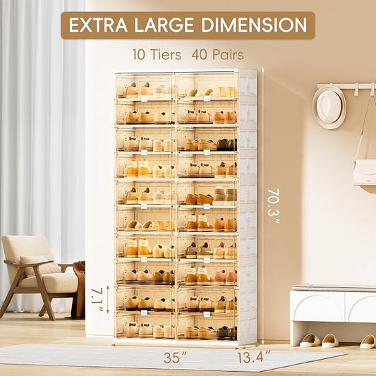 JEKO&JEKO 10-Tier Foldable Shoe Storage Box with Magnetic Doors, Large Stackable Shoe Organizer Cabinet for Entryway, Clear Front Door Shoe Boxes Hold Up to 40 Pairs (White)