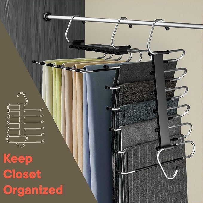 Black Space Saving Pants Hangers 4 Pack, 6 Layer Jeans Hangers and Closet Organizer for Jeans, Scarves, Skirts, Multi-Layer Hanger with Anti-Slip Coating & Stopper, Heavy-Duty S-Type Stainless Steel