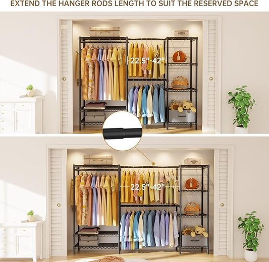 Coat Rack Clothes Wardrobe:Closet Organizer and Storage Clothing Garment Rack with Shelves Heavy Duty for Hanging Clothes Portable Adjustable Black 15.8" Dx(70-88.5)" Wx76.5 H