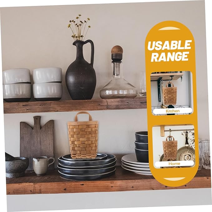 HEALLILY Woven Hanging Storage Baskets Wood Organizer for Kitchen Bathroom Bedroom Wall Mountable Natural Storage Bins for Cosmetics Kitchenware and Daily Essentials Carbonized Finish