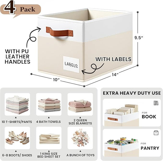 Criusia Large Closet Storage Baskets for organizing 4 Pack - Heavy Duty Closet Shelf Organizer Bins with Handles & Labels - Decorative Collapsible Baskets for Living Room Bedroom Nursery Dorm 14"x10"