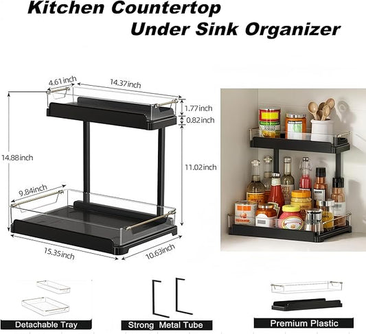 heart & home 1-Pack Under Sink Storage Organizer for Kitchen & Bathroom Cabinets with Removable Washable Tray, Tool-Free Assembly – Multi-Purpose for Kitchen Countertop, Vanity, & Laundry Room,Black