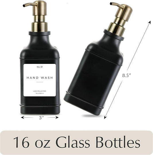 Emerson Essentials Soap Dispenser, Dish Soap Dispenser, Soap Bottle Bathroom Set, Hand Soap Farmhouse Home, Kitchen Soap Dispenser Set - Glass Soap Dispenser with Pump and Labels, 16 Oz, 2 Set