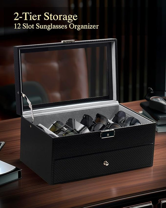 GUKA 2-layer Sunglasses Storage Organizer, 12 Slots Leather Sunglass Box Multiple Pairs Eyeglass Display Case for Women Men, Gift Idea (Black+Grey)