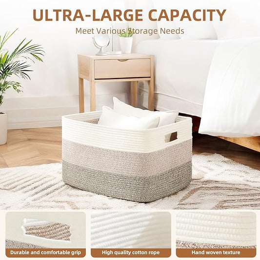 Cotton Rope Basket,Large Blanket Basket for Living Room,Woven cotton rope laundry baskets,For Bathroom Dirty Clothes ,Nursery Toys,pillow storage organization, 72L,Brown and white.
