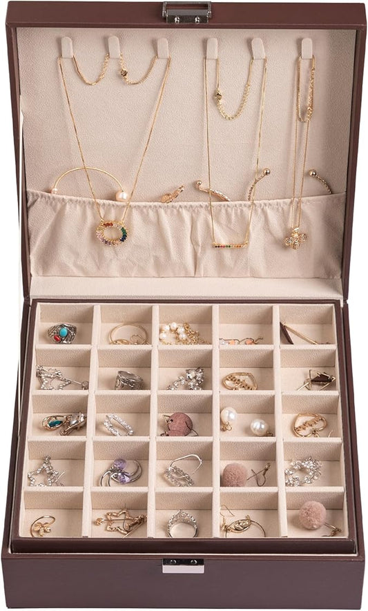 Frebeauty Earring Organizer Classic Jewelry Box 50 Slots Double Layer Jewelry Storage Case with 6 Necklace Hook and Bracelet Pocket(Dark Brown)