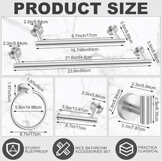 Gisafai 30 Pcs Bathroom Hardware Set, 23.6 Inch Brushed Towel Bar Ring Toilet Paper Holder Robe Towel Hook, SUS304 Stainless Steel Bathroom Accessory Set Wall Mounted (Silver)