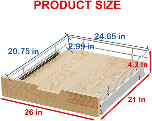 Pull Out Cabinet Organizer,Heavy-Duty Slide Out Shelf, Wood And Wire Basket, Pull Out Drawer for for Kitchen Under Sink Space, Pantry, Bathroom (26 * 21 WM)